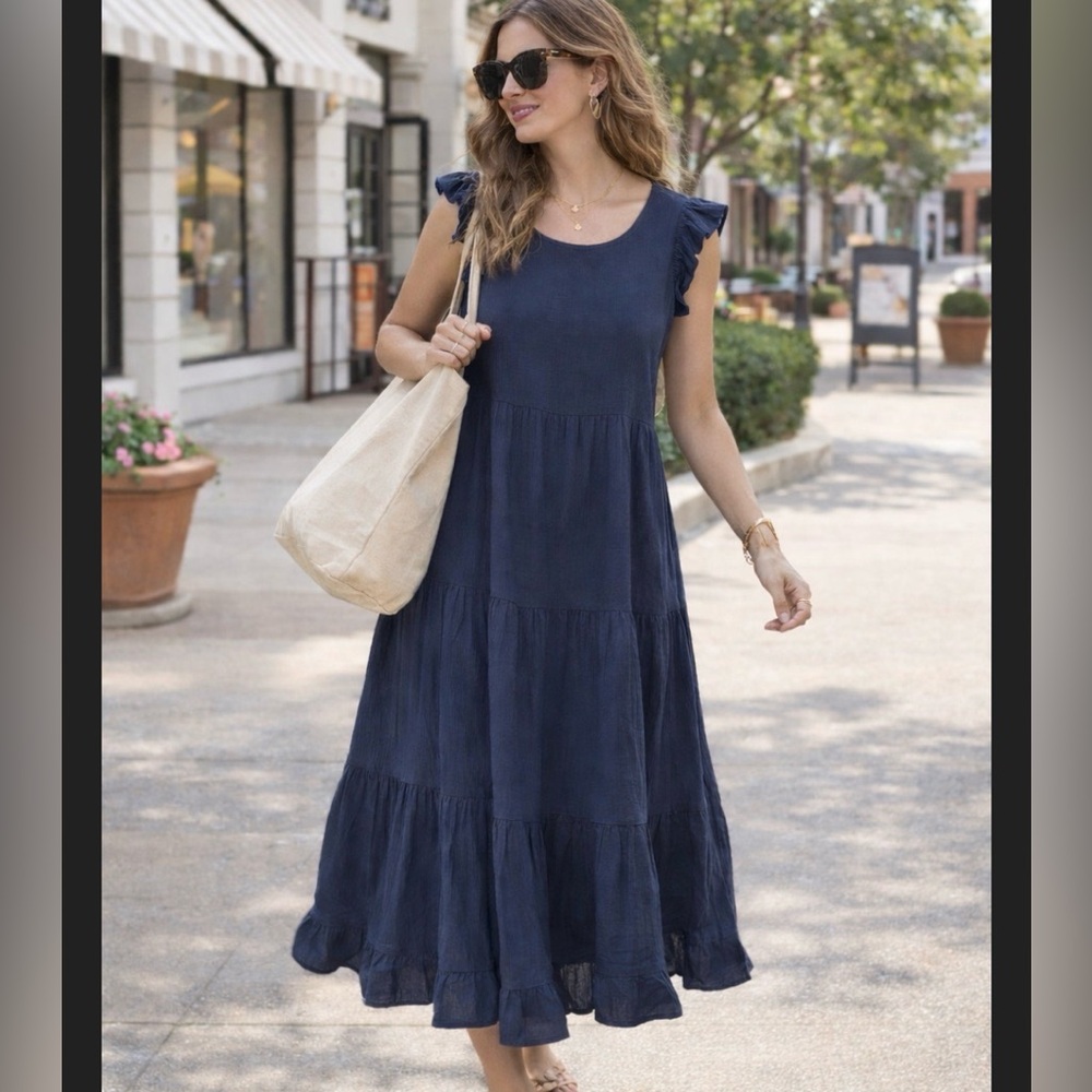 Brannan Dress Summer Blue Midi Dress Pockets 100% Cotton Soft Gauzy Med